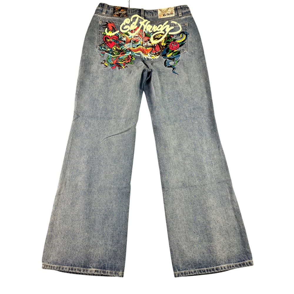 Ed Hardy Baggy Jeans‎ Women's 34* Embroidered Back Dragon Koi Flare Leg New Y2K